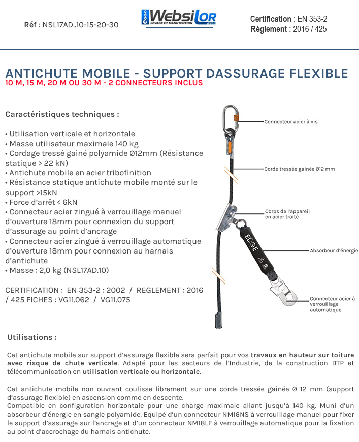 Informations techniques Antichute mobile sur support d'assurage flexible - 10 à 30 m au choix